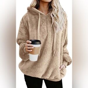 Women’s Sherpa Oversized Khaki Pullover Fuzzy Hoodie w/ Pockets Sweatshirt Large